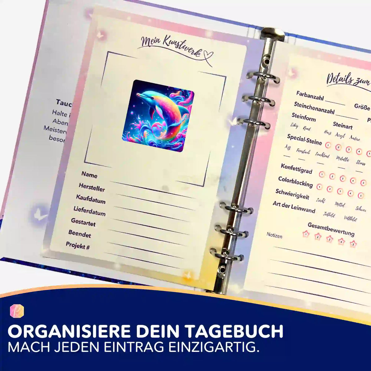 Buntes Delfin-Sticker-Set zur Organisation des Diamond Painting Tagebuchs mit Platz für Projektdetails