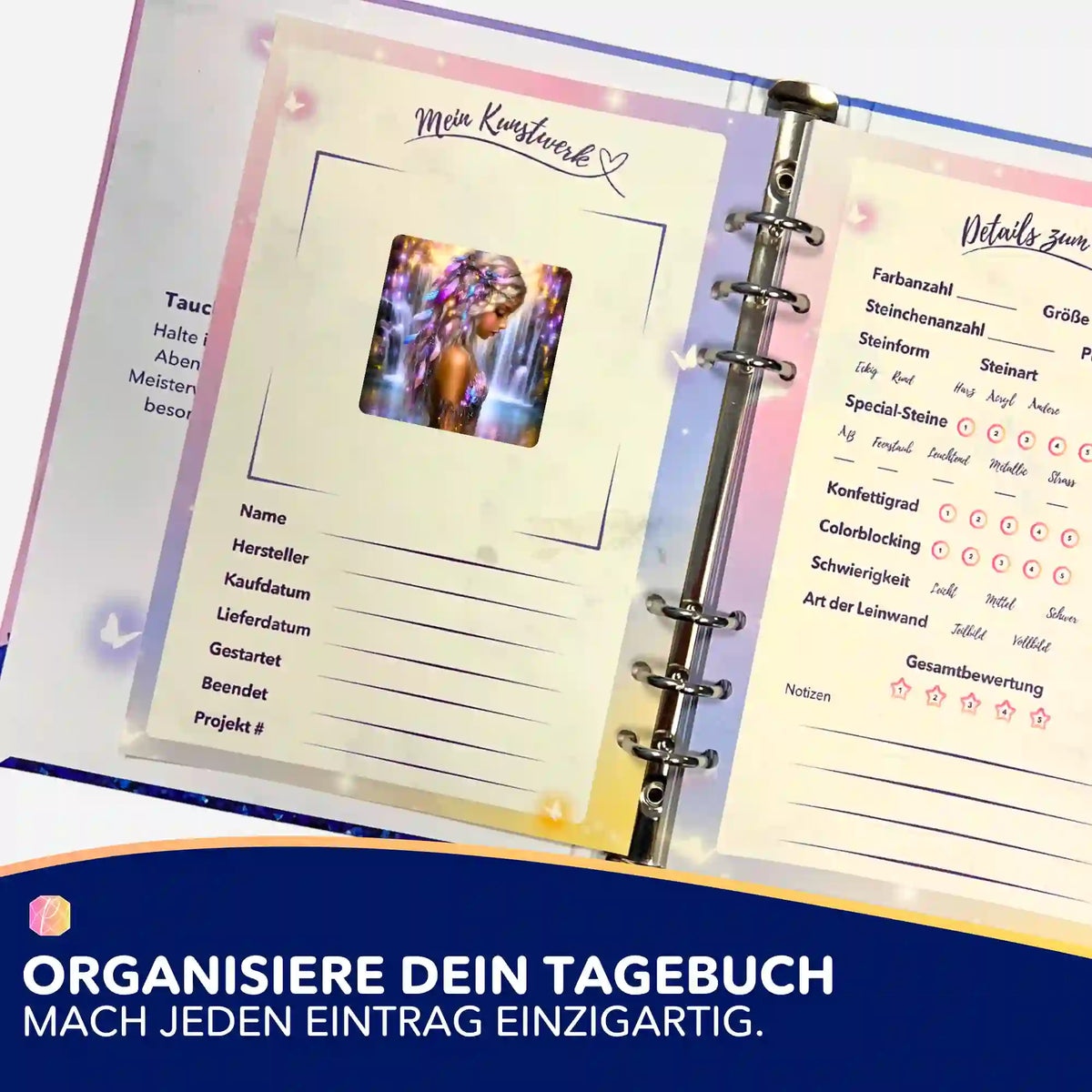 Picmondoo Sticker-Set Elysias Lied zur Organisation von Diamond Painting Projekten im Tagebuch oder Planer