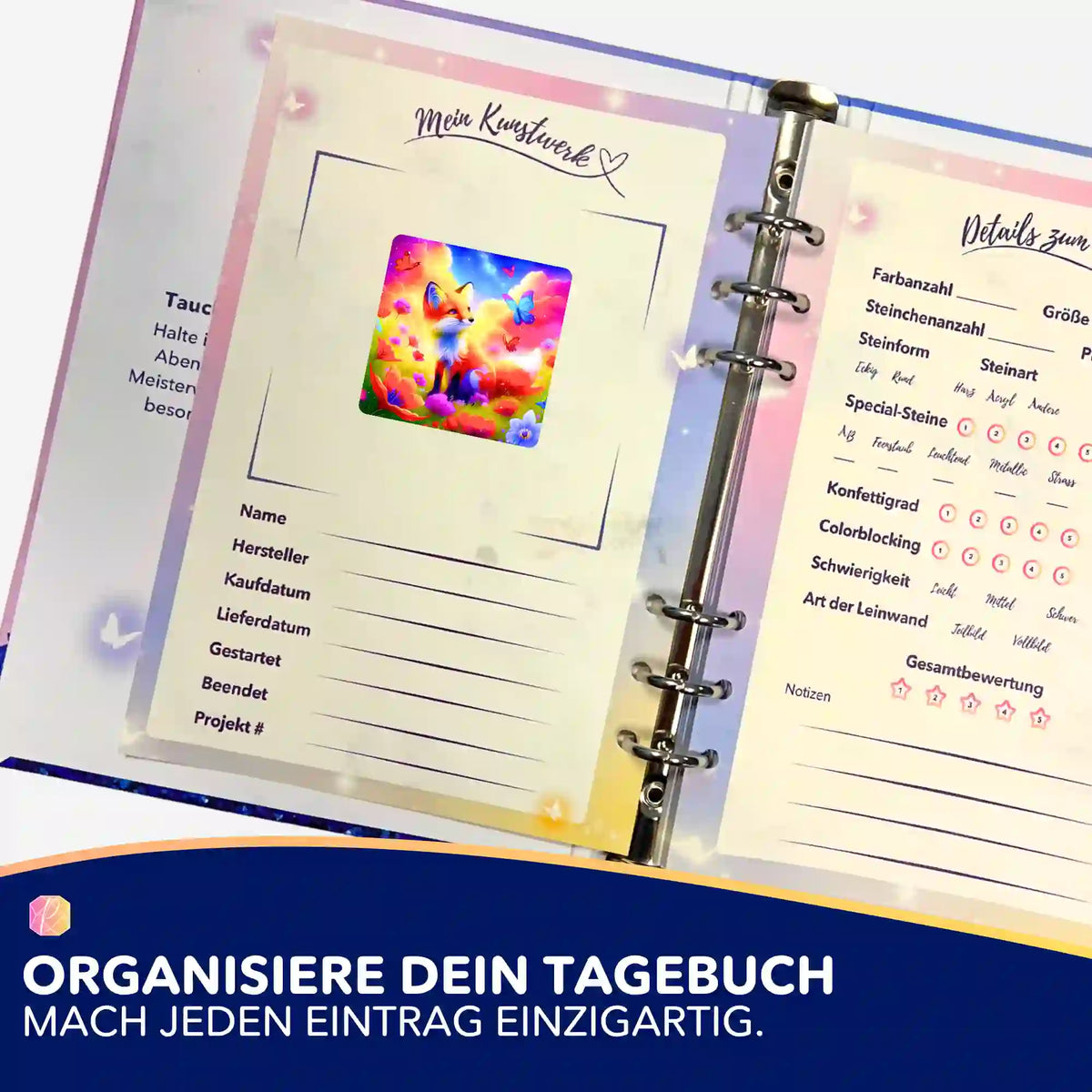 Fuchs-Sticker aus dem Diamond Painting Set in einem Sammelalbum zur Organisation von Kunstwerken und Bastelprojekten.