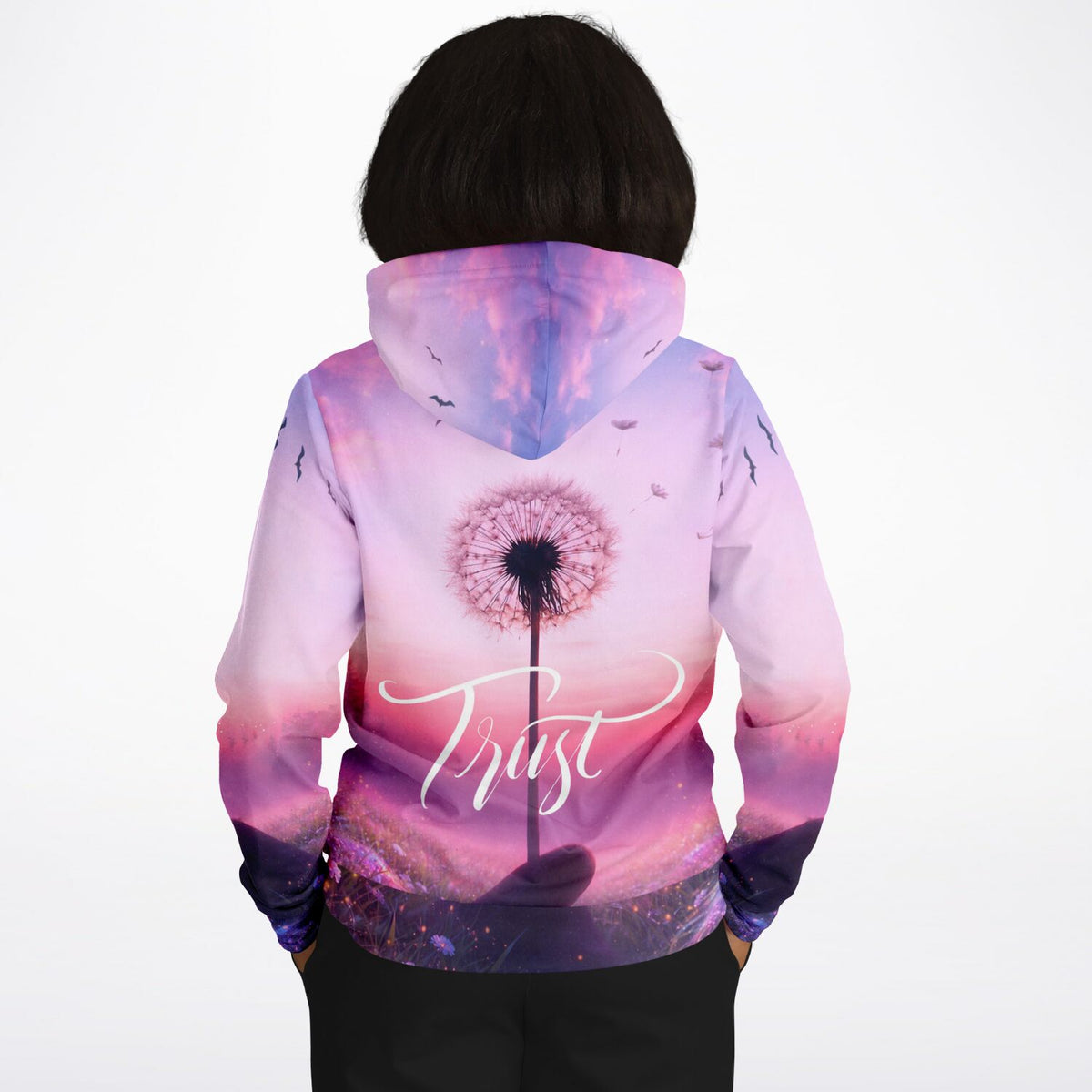 Dreamer Hoodie Trust mit Pusteblumen-Motiv in violettem Sonnenuntergang Design als modisches Statement für DIY-Fans