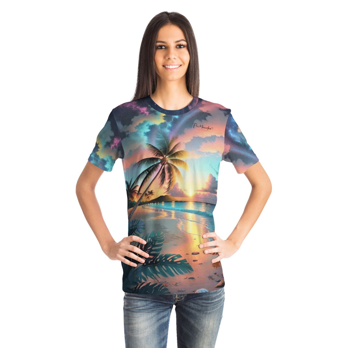 Frau trägt Dreamer T-Shirt mit buntem Palmen-Motiv im Abendhimmel, inspiriert von Diamond Painting und Malen nach Zahlen