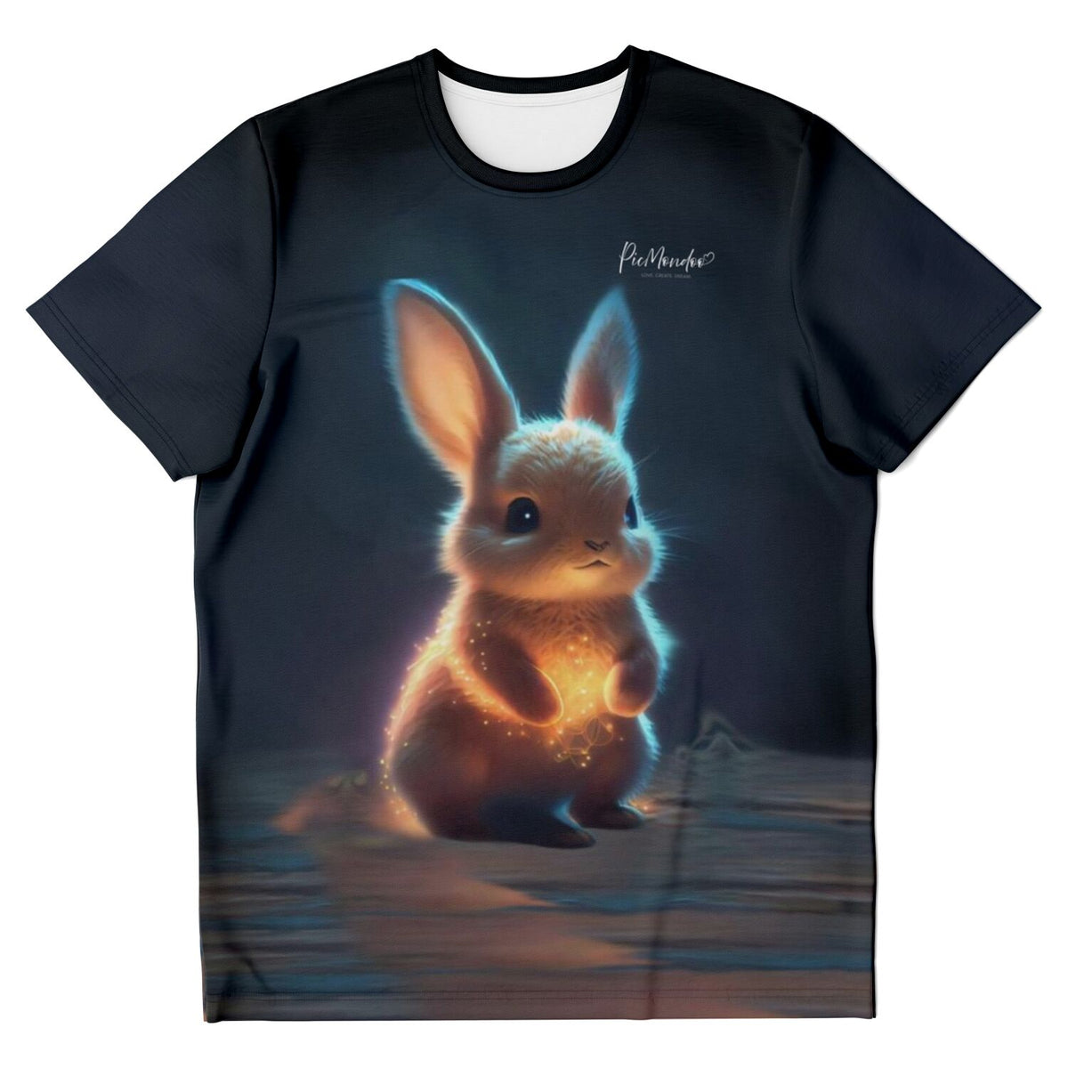 Schwarzes T-Shirt mit leuchtendem Funkelhäschen-Motiv, inspiriert von Diamond Painting und Malen nach Zahlen Designs