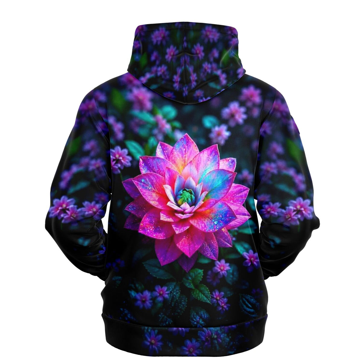 Dreamer Hoodie mit Sternenstaub Lotus Blumenmotiv in leuchtenden Farben auf schwarzem All-Over-Print Stoff
