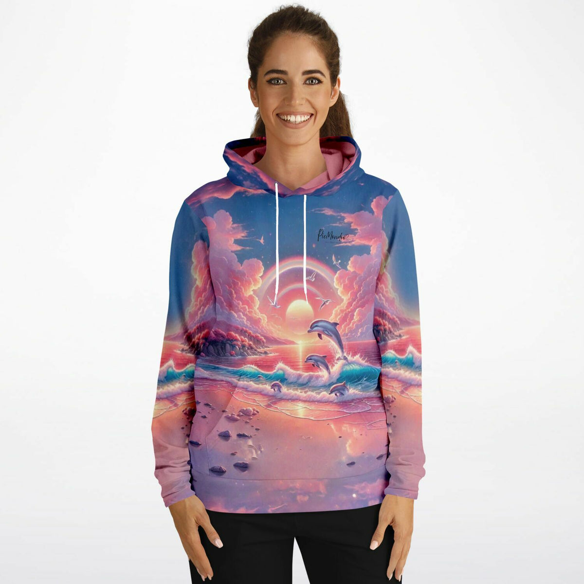 Frau trägt Pinkes Meeresrauschen Hoodie mit künstlerischem Motiv, das auch als Diamond Painting oder Malen nach Zahlen wirkt.