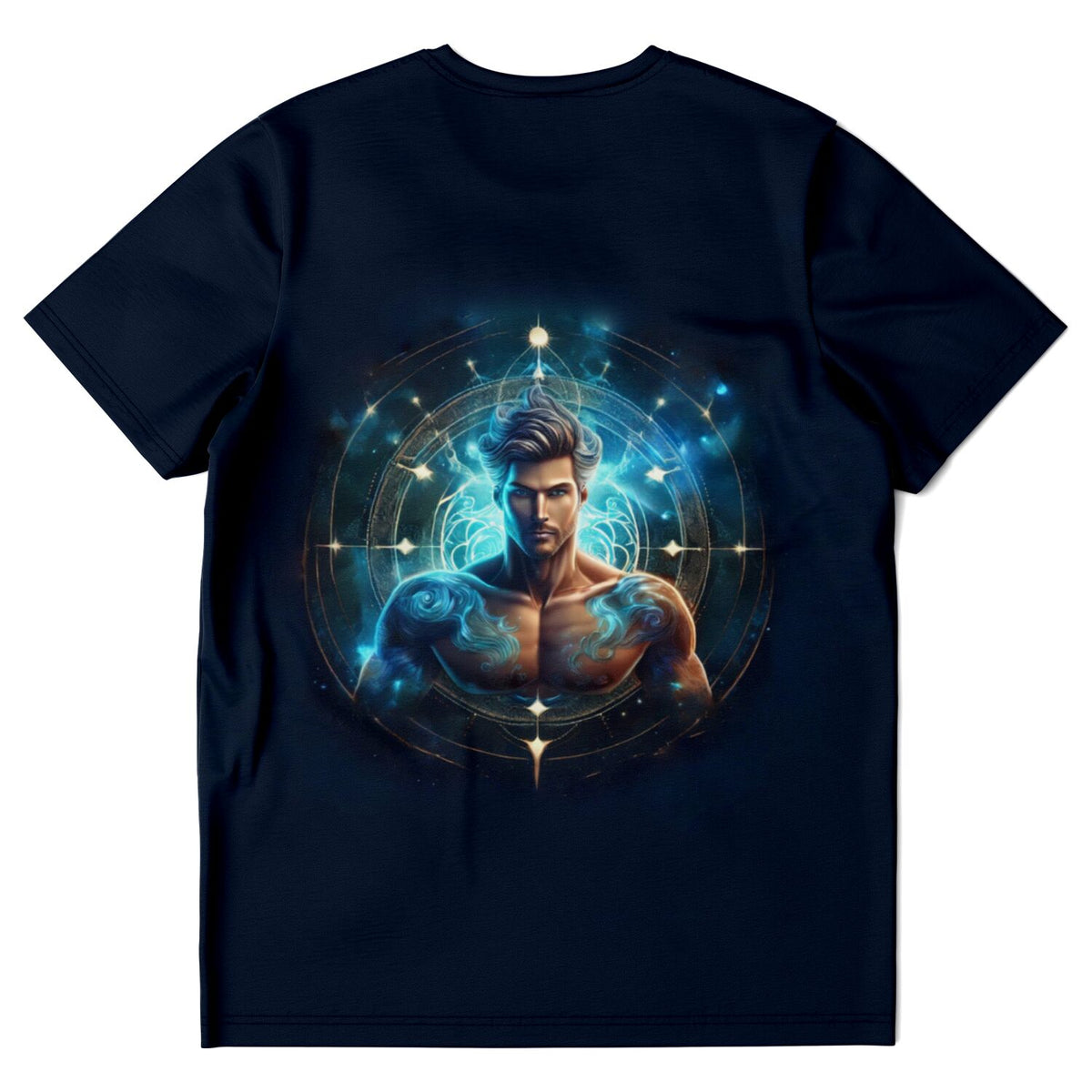 Dunkelblaues T-Shirt mit mystischem Wassermann Sternzeichen Motiv in leuchtenden Blau- und Goldtönen