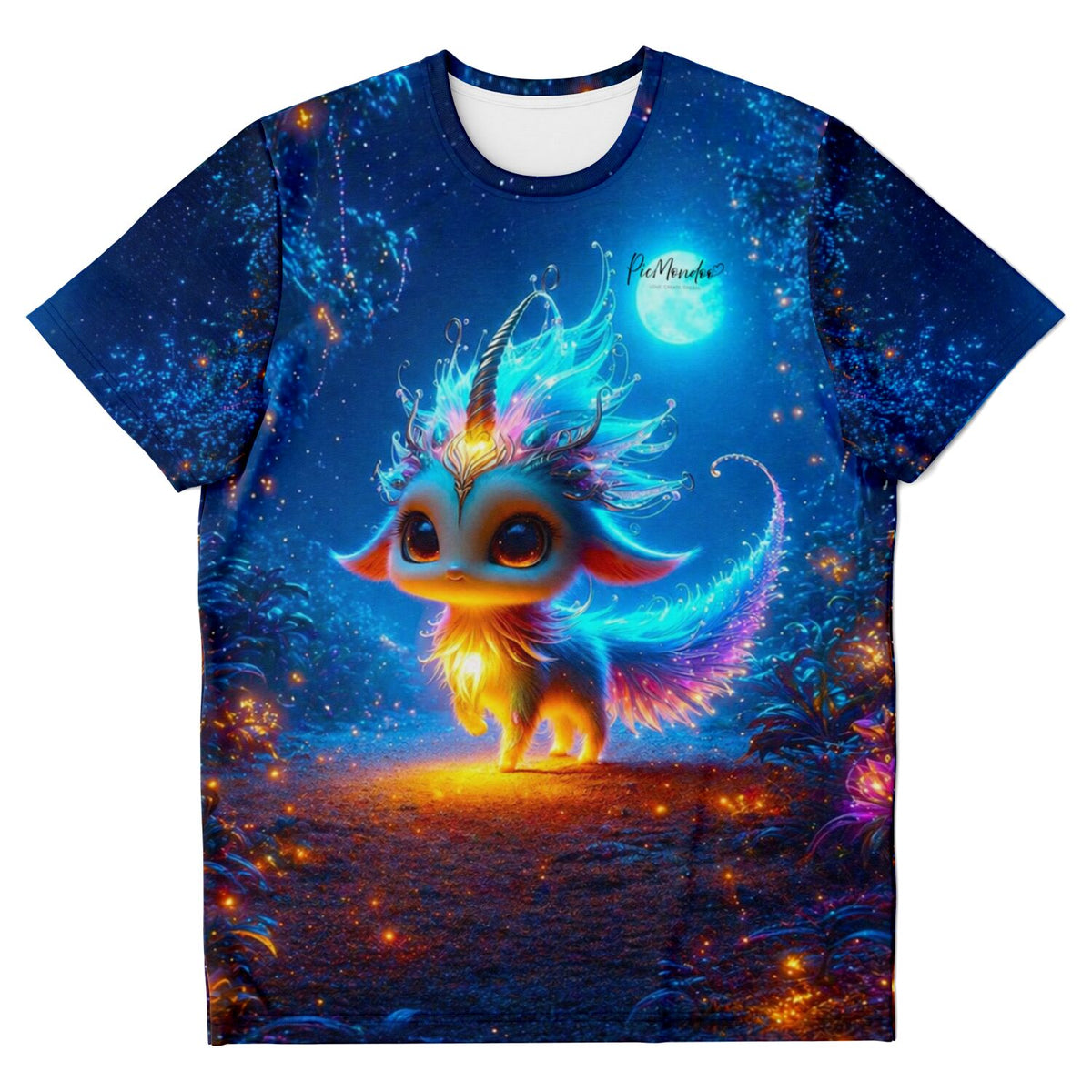T-Shirt Mondscheintanz mit magischem Fabelwesen im Diamond Painting Stil, blaues Licht und leuchtende Akzente