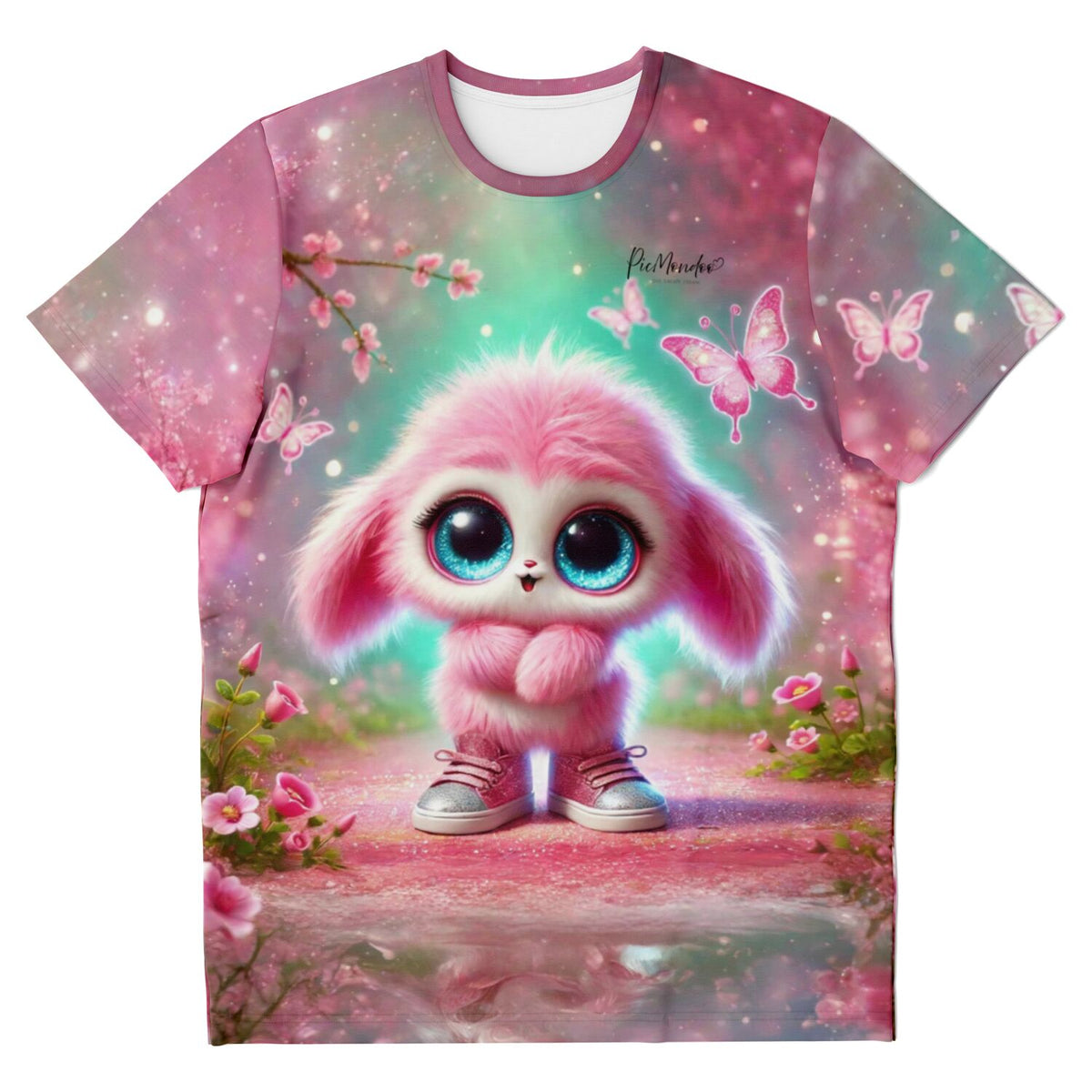 Pinkes T-Shirt mit süßem Fluffel-Wesen, Schmetterlingen und Blumen im Diamond Painting Design für Fans kreativer Kunst