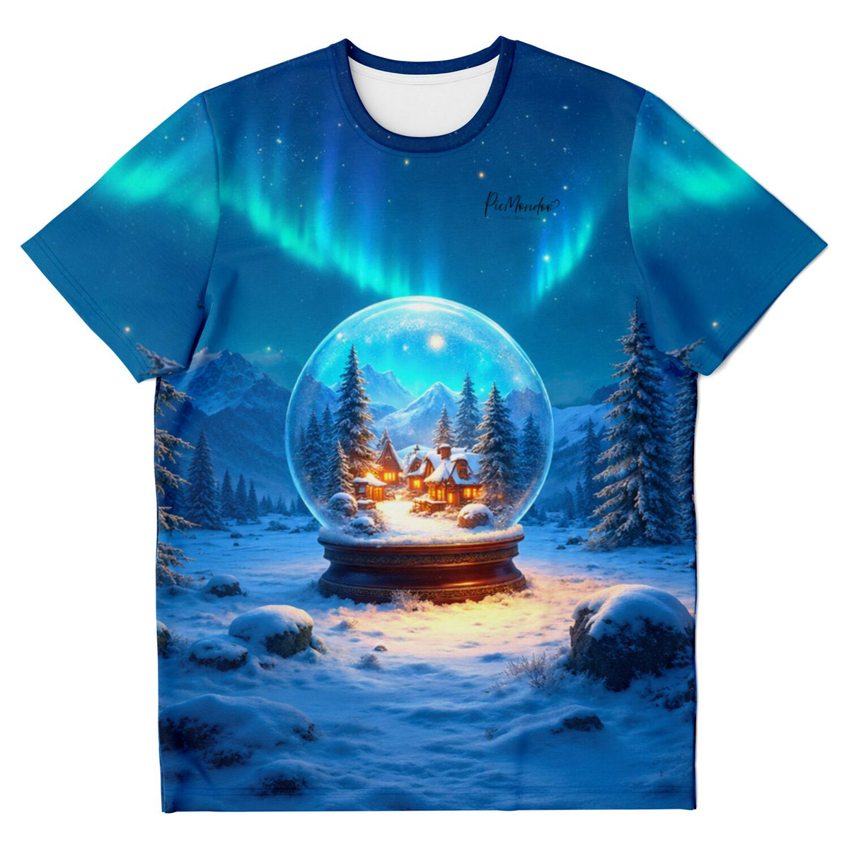 T-Shirt mit Diamond Painting Motiv: Schneekugel im Winterwald mit Nordlichtern, passend zu Malen nach Zahlen für Erwachsene