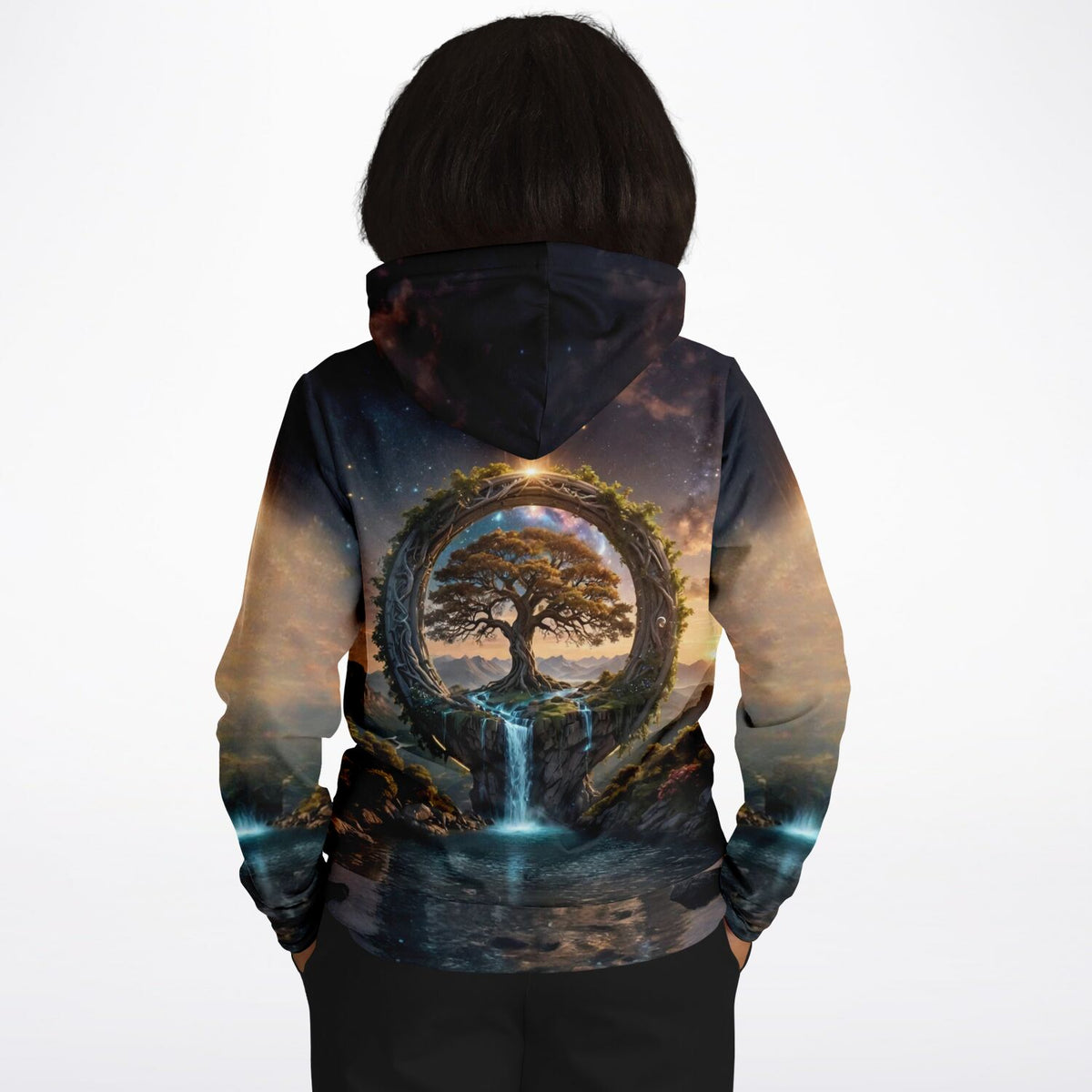 Dreamer Hoodie mit Fantasy-Motiv Tor zur Anderswelt, Lebensbaum und Wasserfall im All-Over-Print Design für Erwachsene