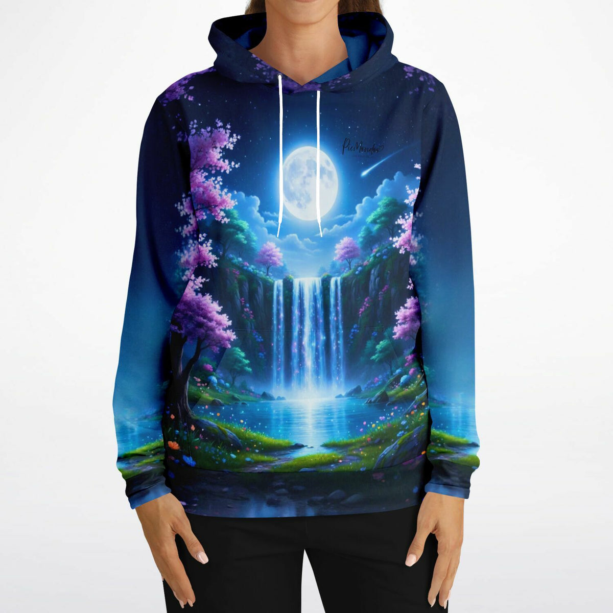 Dreamer Hoodie mit Motiv Tal der flüsternden Wasser, inspiriert von Diamond Painting Kunst und blühender Natur bei Vollmond
