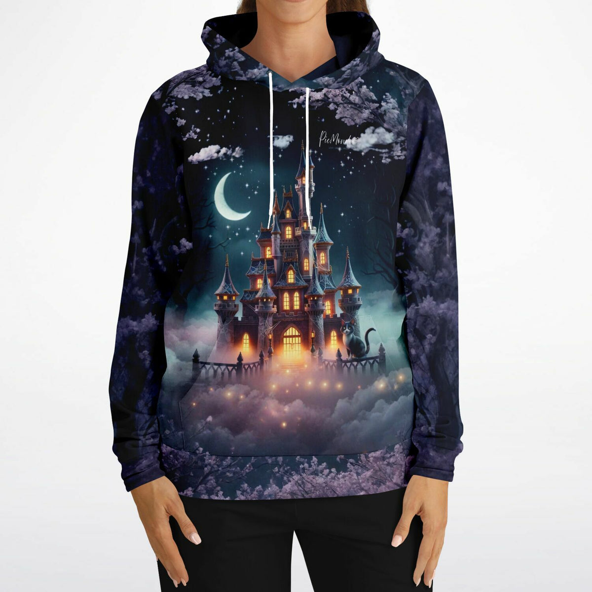 Dunkelblauer Hoodie mit Nachtschloss-Motiv, perfekt für Fans von Diamond Painting und Malen nach Zahlen