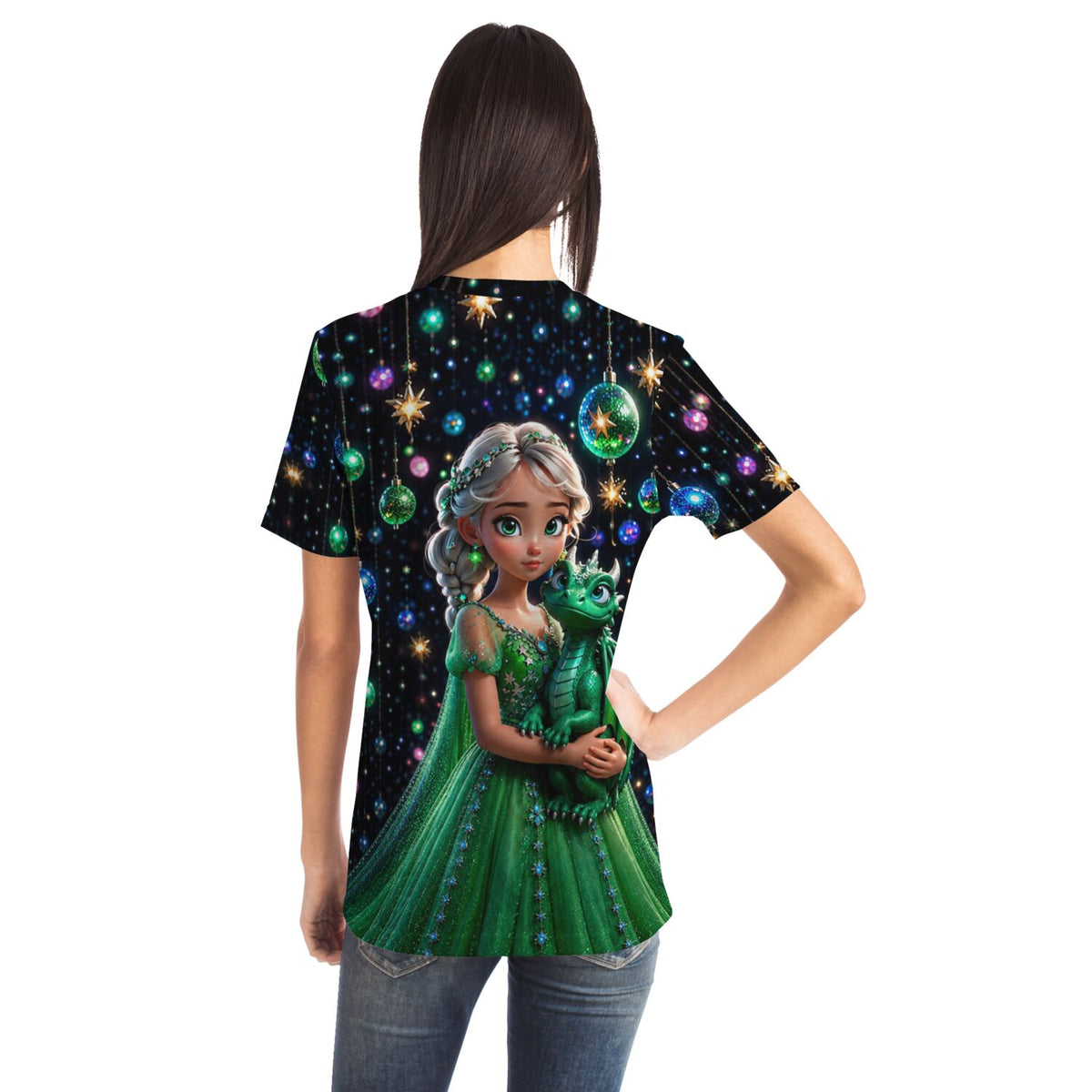 T-Shirt mit Dragon Girl Motiv im Stil von Diamond Painting und Malen nach Zahlen Designs mit glitzernden Details