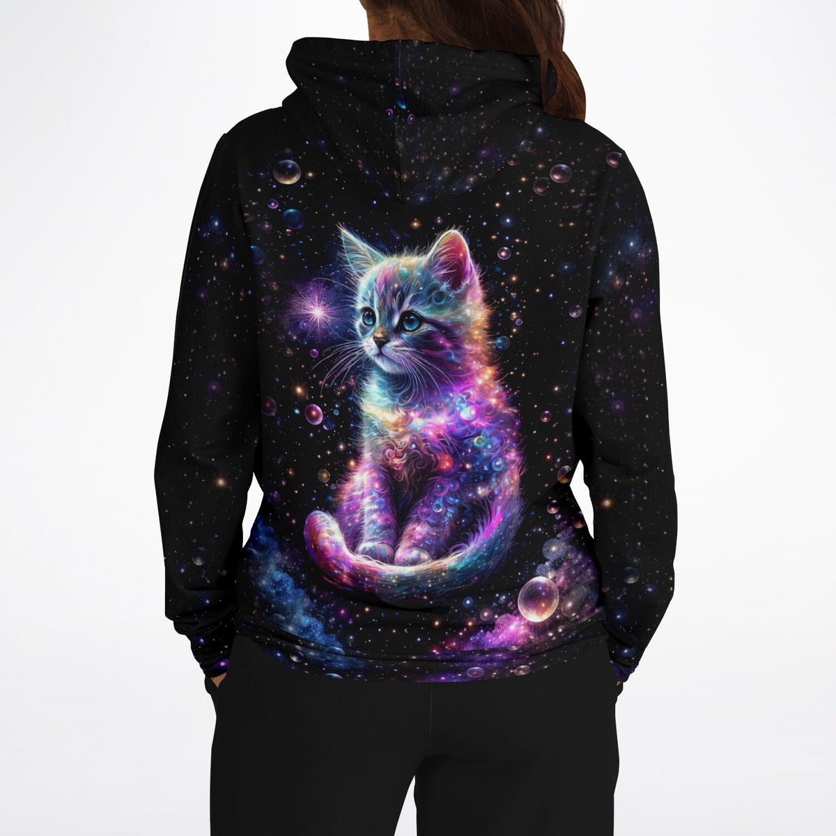 Schwarzer Hoodie mit buntem Galaxie-Kätzchen Design, inspiriert von Diamond Painting Motiven und Malen nach Zahlen Kunst