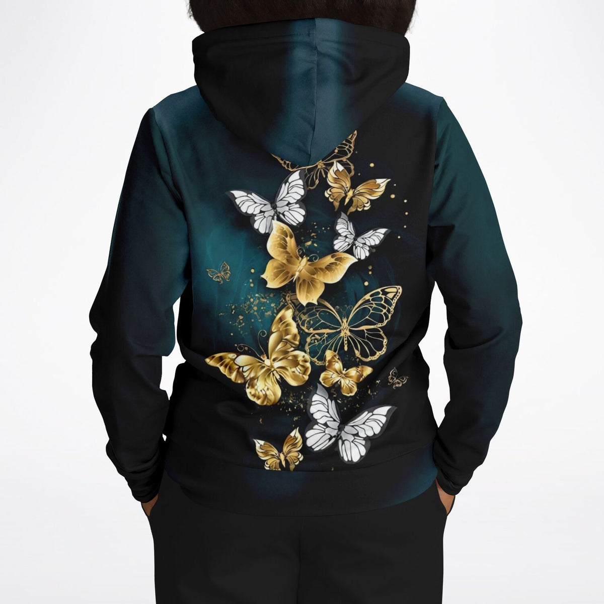 Schwarzer Hoodie mit elegantem Print aus goldenen und weißen Schmetterlingen auf dunkelblauem Grund
