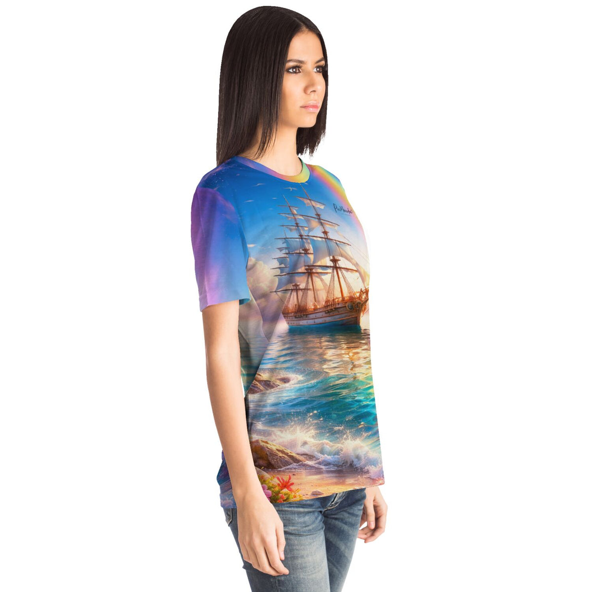 Frau trägt Dreamer T-Shirt mit Freiheit auf See Motiv, perfekt für Fans von Malen nach Zahlen und Diamond Painting Kunst.