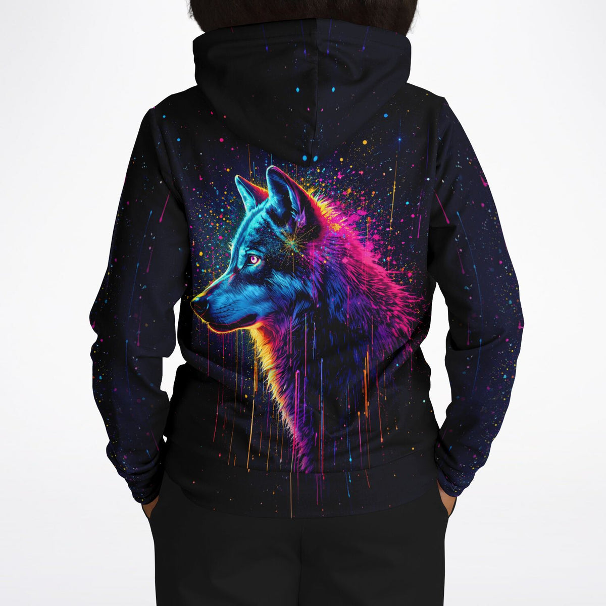 Schwarzer Hoodie mit buntem Wolf-Motiv im Neon-Design, inspiriert durch Diamond Painting und Malen nach Zahlen Stil