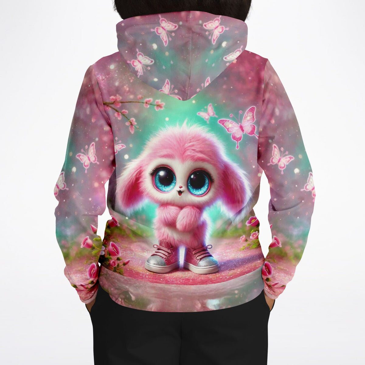 Dreamer Hoodie Pink Fluffel Knuffel mit süßem rosa Monster, Schmetterlingen und floralem Design im All-Over-Print