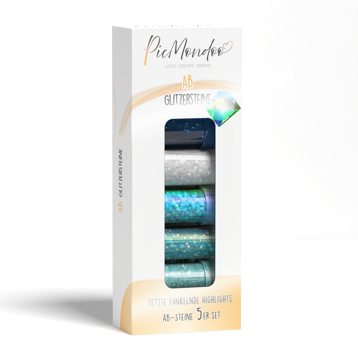 Picmondoo Diamond Painting AB-Special Set mit 5 funkelnden Glitzersteinen in blau-grünen Farbtönen