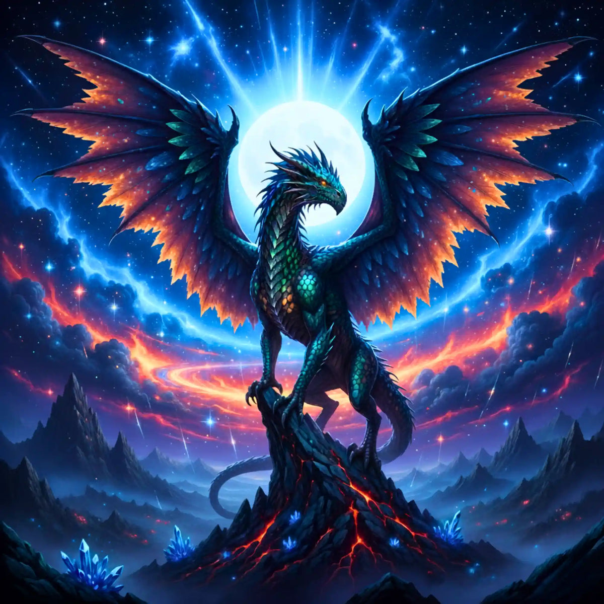 Diamond Painting Set mit majestätischem Fantasy-Drachen vor leuchtendem Mond und Sternenhimmel, detaillierte Schuppen.