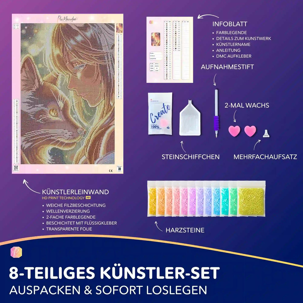 Diamond Painting Set Bedingungsloses Vertrauen mit Anime-Mädchen und Wolf sowie komplettem Zubehör zum Basteln.