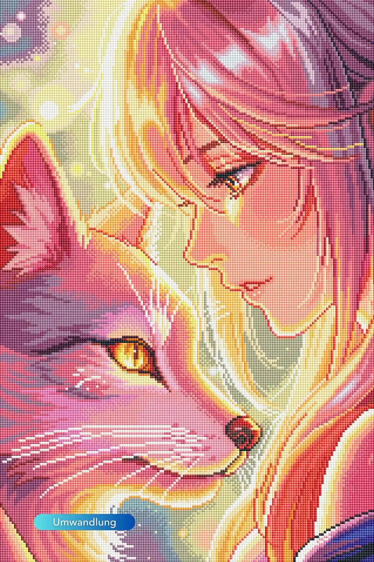 Diamond Painting Set eines vertrauensvollen Mädchens mit Wolf in Anime-Stil, bunte Steinchen mit mystischer Atmosphäre.