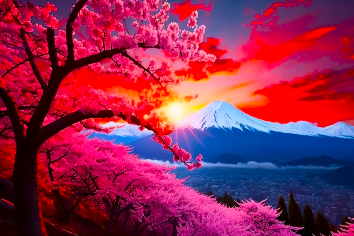 Diamond Painting Berg der Kirschblüten mit rosa Bäumen bei Abendrot und glitzernden AB-Steinen