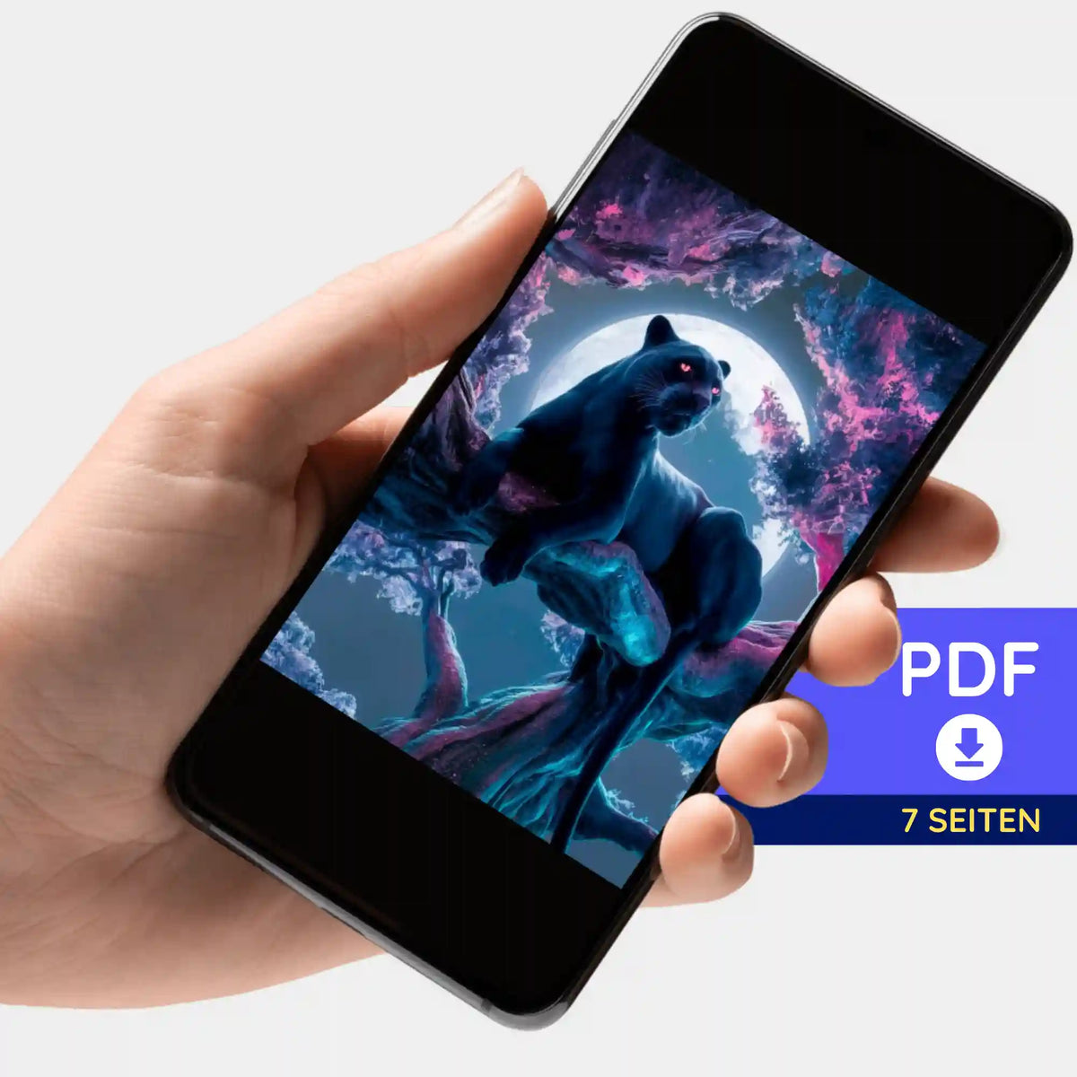 Digitale Picmondoo Bildmappe als PDF für Black Panther Diamond Painting mit Kirschblüten Motiv auf dem Smartphone