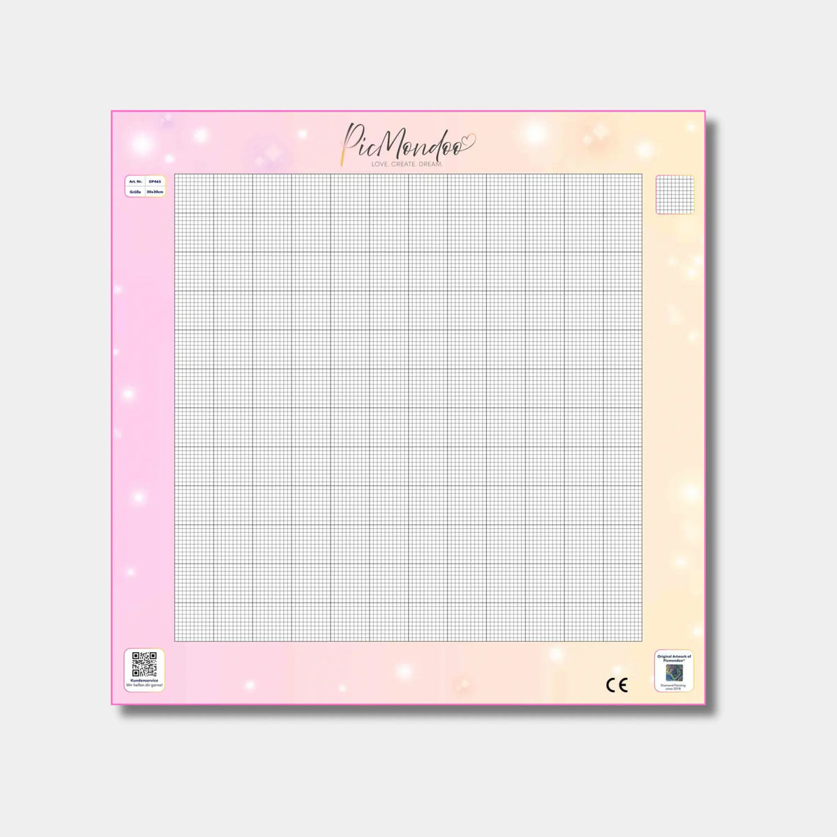 Quadratische, leere Diamond Painting Blanko-Leinwand mit Raster für eigene Bilder und individuelle DIY-Kunstwerke.