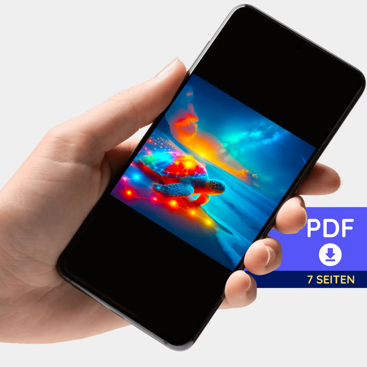 Digitale Bildmappe als PDF für Diamond Painting mit buntem Schildkröten-Motiv auf Smartphone-Display