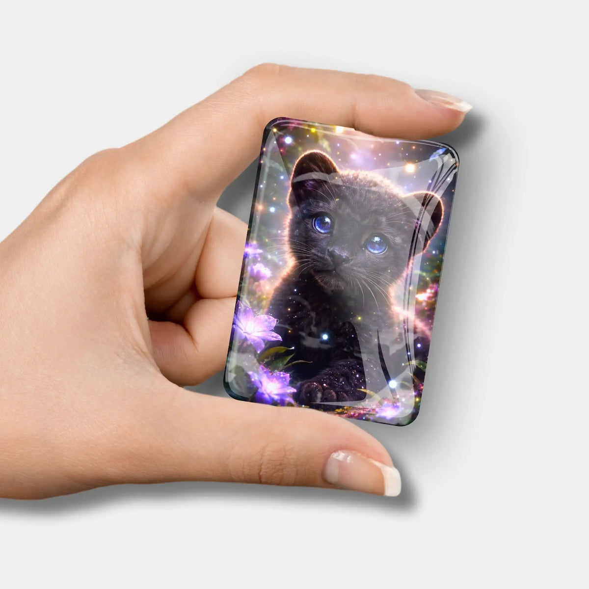 Diamond Painting Cover Minder Magnet aus Glas mit funkelndem schwarzem Pantherwelpen