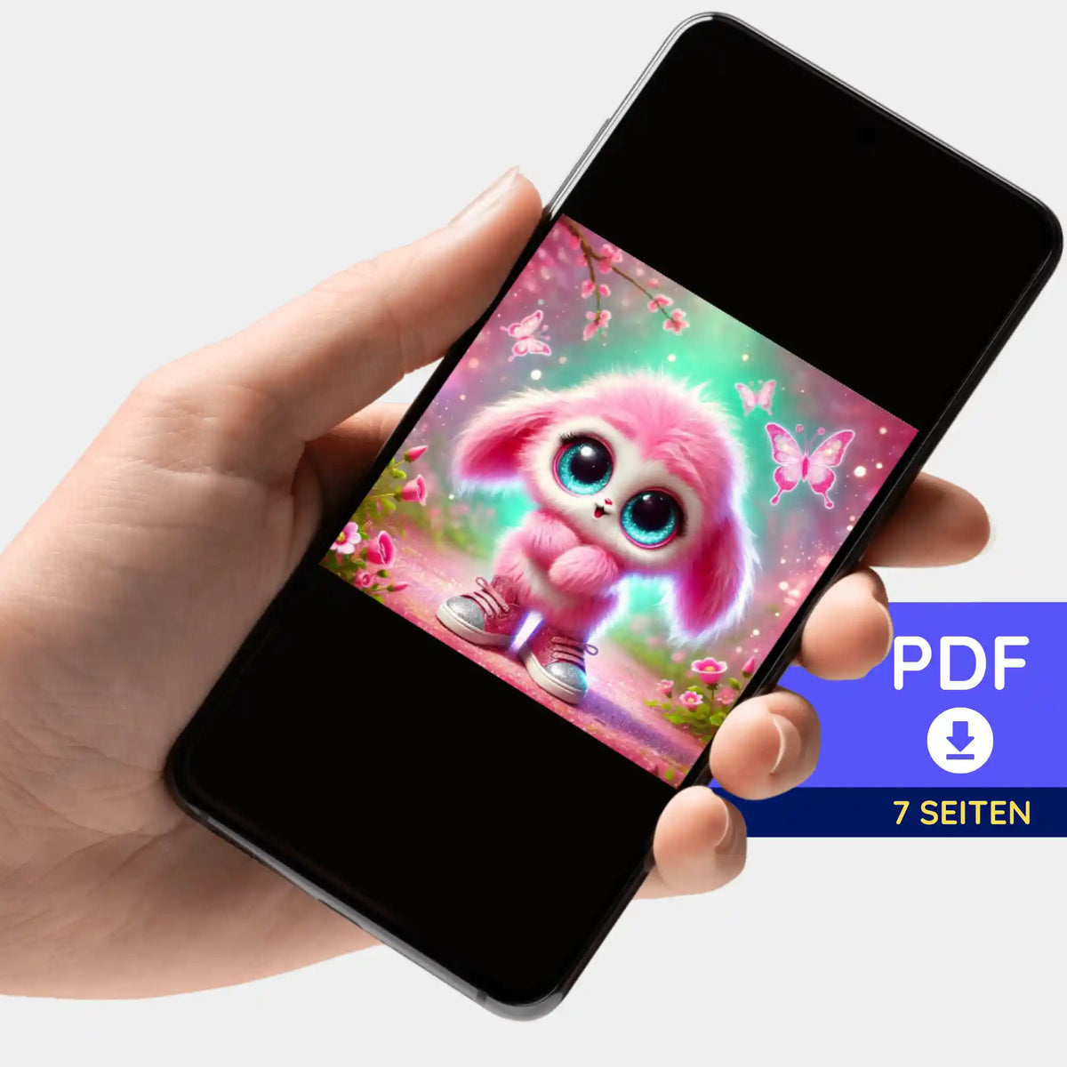 Digitale PDF-Bildmappe zum Diamond Painting & Malen nach Zahlen mit süßem Pink Fluffel Knuffel Motiv auf dem Smartphone