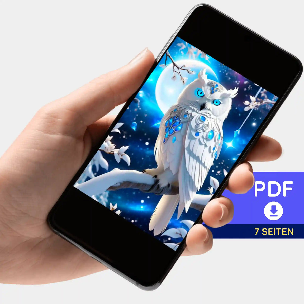 Digitale Picmondoo Bildmappe als PDF für Diamond Painting mit Eulen-Motiv Blue Eyes Owl auf Smartphone-Display