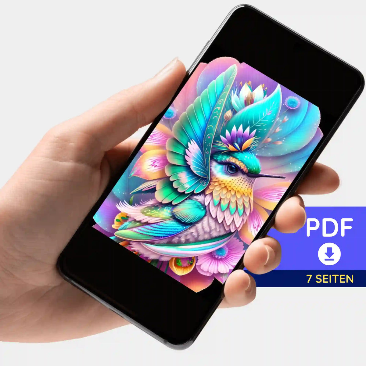 Digitale PDF-Bildmappe mit buntem Kolibri-Motiv für Diamond Painting und kreative DIY-Malprojekte