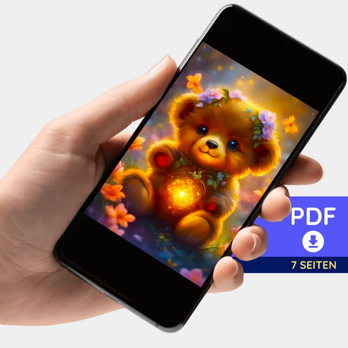 Digitale PDF-Bildmappe Diamond Painting mit Motiv Kleiner Leuchtbär auf Smartphone-Display