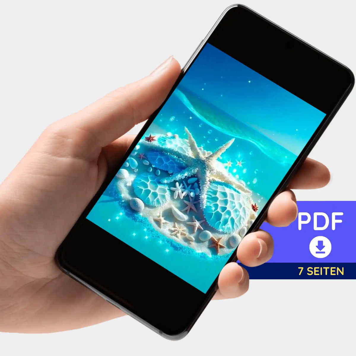 Digitale PDF-Bildmappe mit Diamond Painting Motiv Blaue Meeressymphonie auf einem Smartphone präsentiert