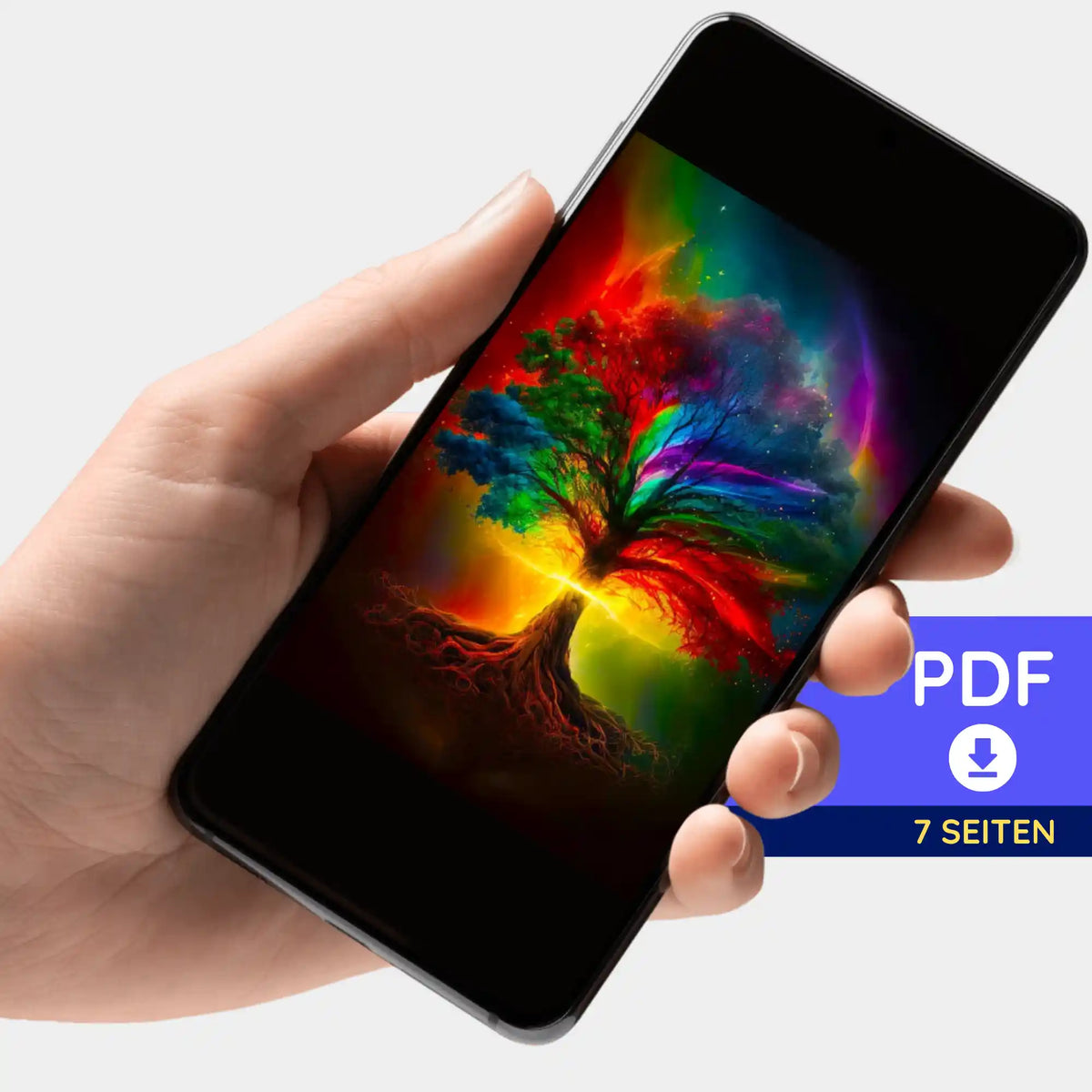 Digitale PDF-Bildmappe vom Diamond Painting Lebensbaum der Tausend Farben auf einem Smartphone angezeigt