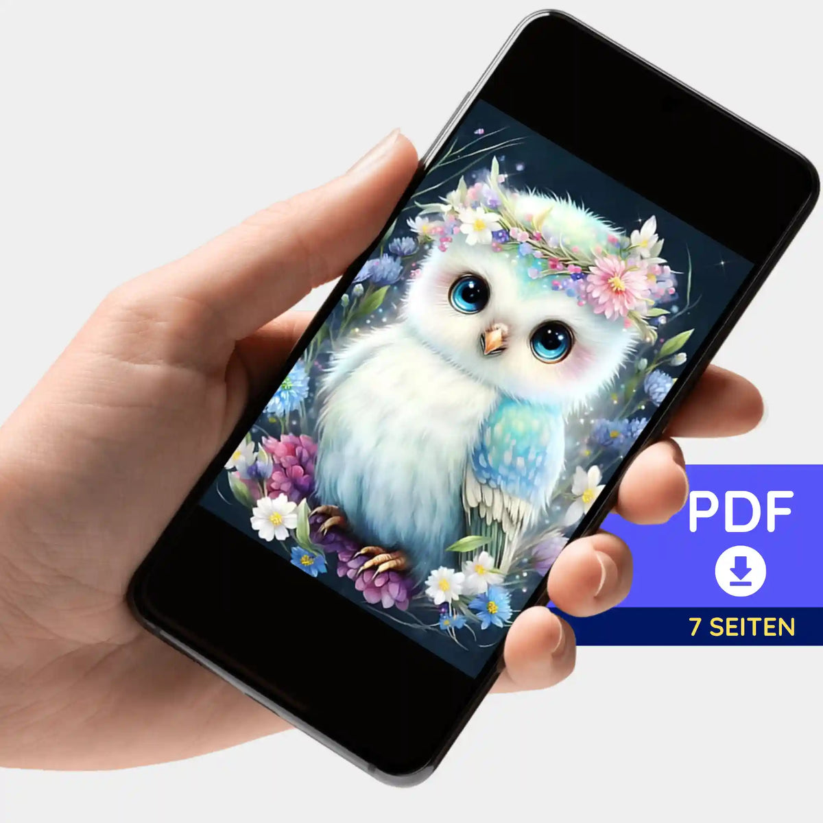 Hand hält Smartphone mit digitaler PDF-Bildmappe einer Eule im Blumenmeer für Diamond Painting und Malen nach Zahlen