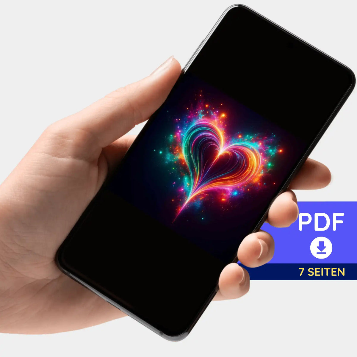 Smartphone mit digitaler Picmondoo Diamond Painting Bildmappe als PDF für das Motiv Herzflimmern
