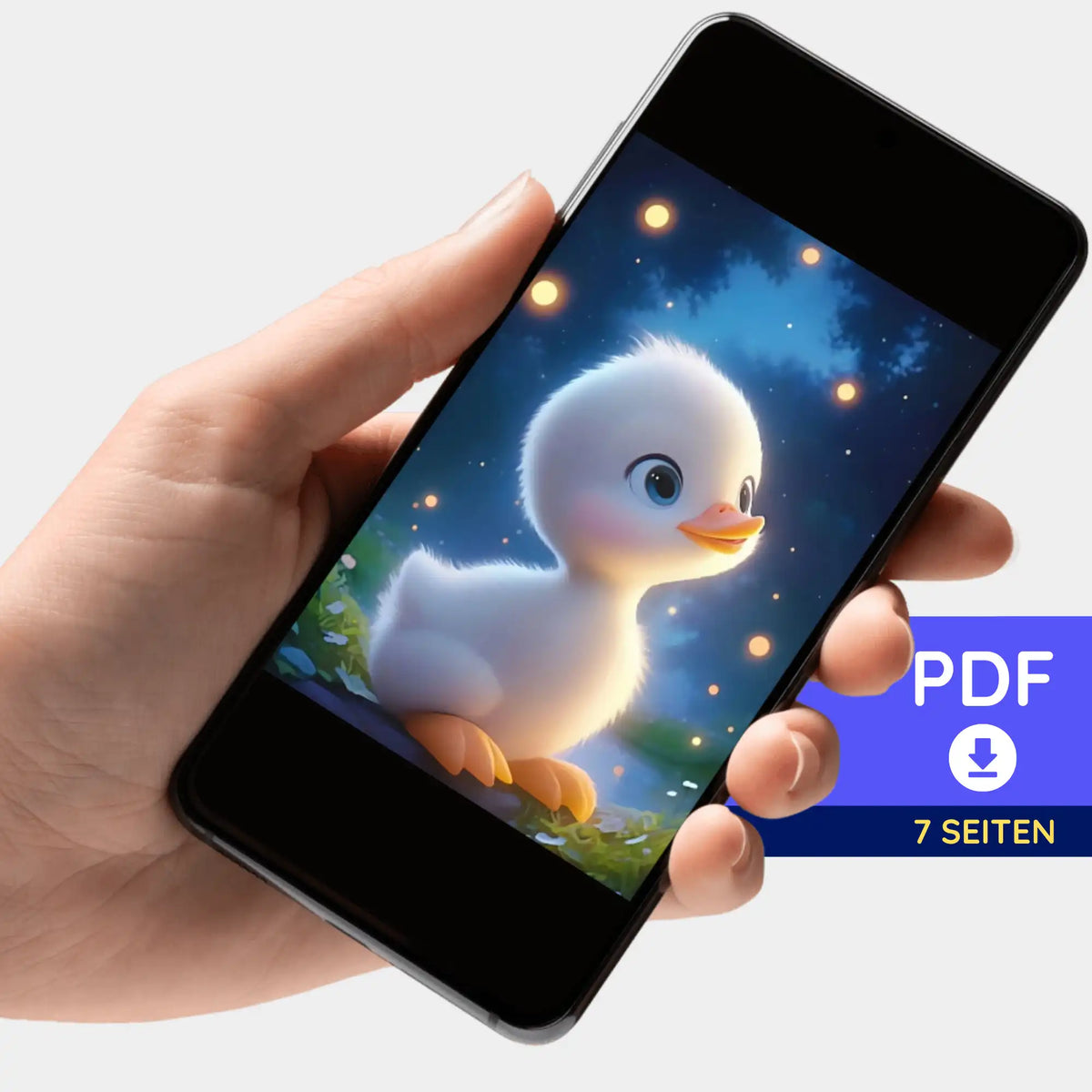 Digitale Diamond Painting Bildmappe als PDF mit süßem Entlein Motiv für DIY-Bastelsets auf einem Smartphone gehalten