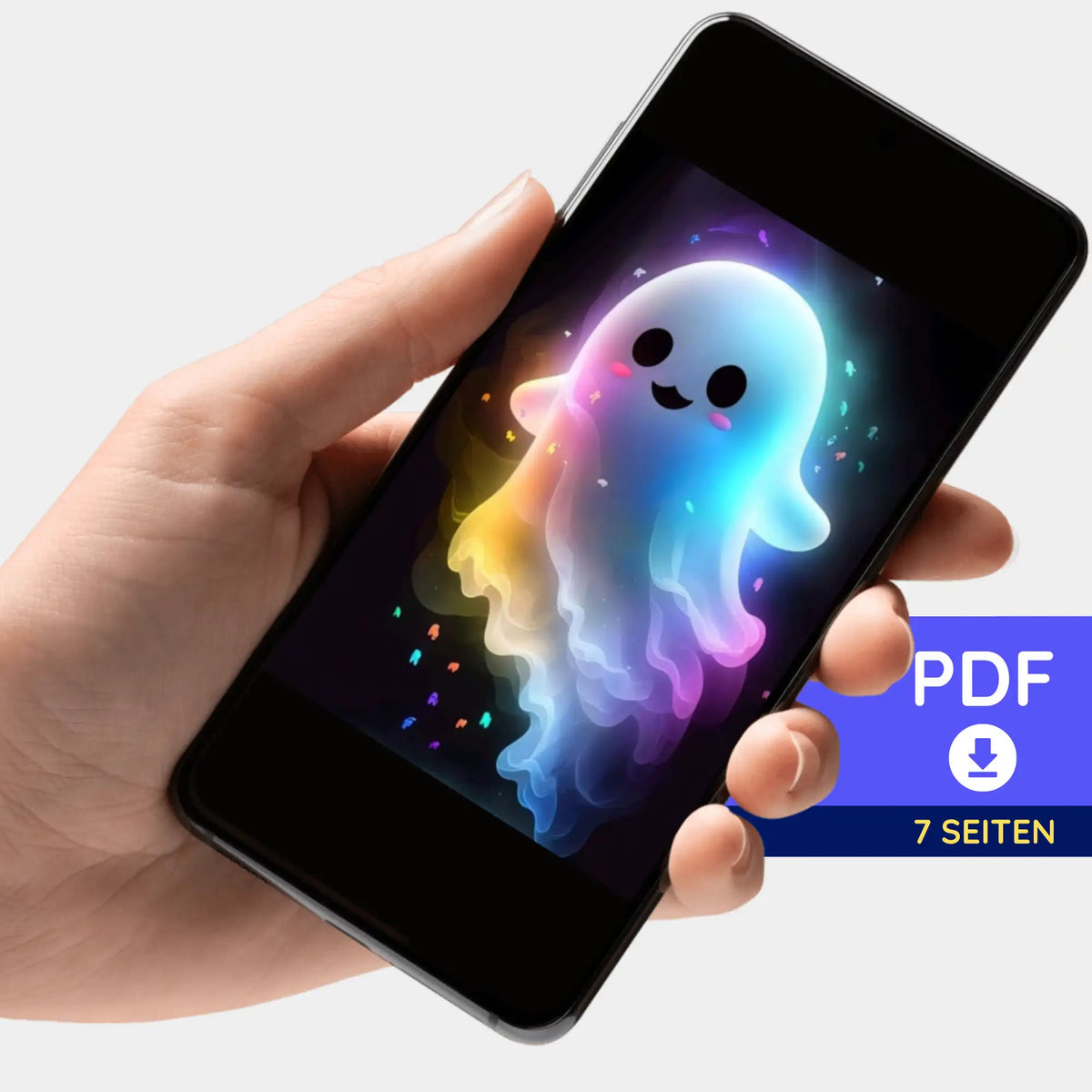 Digitale PDF-Bildmappe zum Diamond Painting mit niedlichem, bunt leuchtendem Gespenst-Motiv auf dem Smartphone