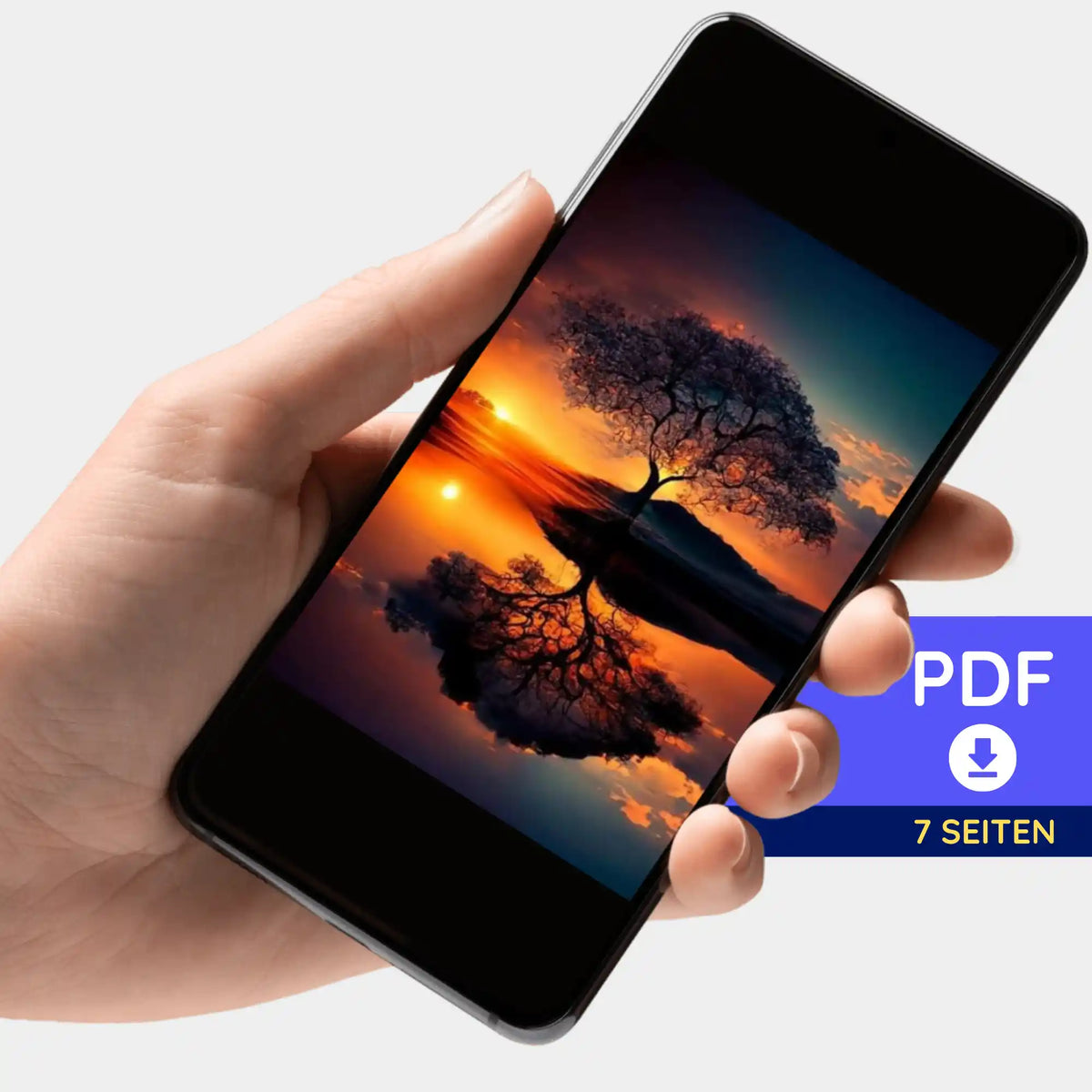 Digitale PDF-Bildmappe mit Diamond Painting Motiv Baum im Sonnenuntergang auf einem Smartphone zum Download
