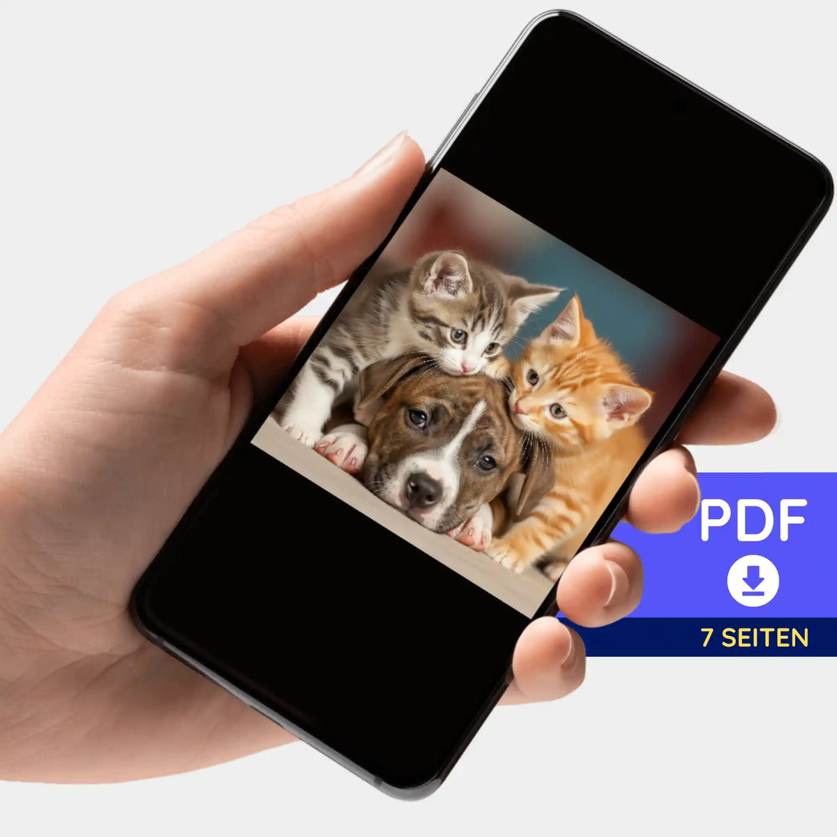 Digitale PDF-Bildmappe mit süßem Welpen und Katzen Diamond Painting Motiv auf einem Smartphone gehalten