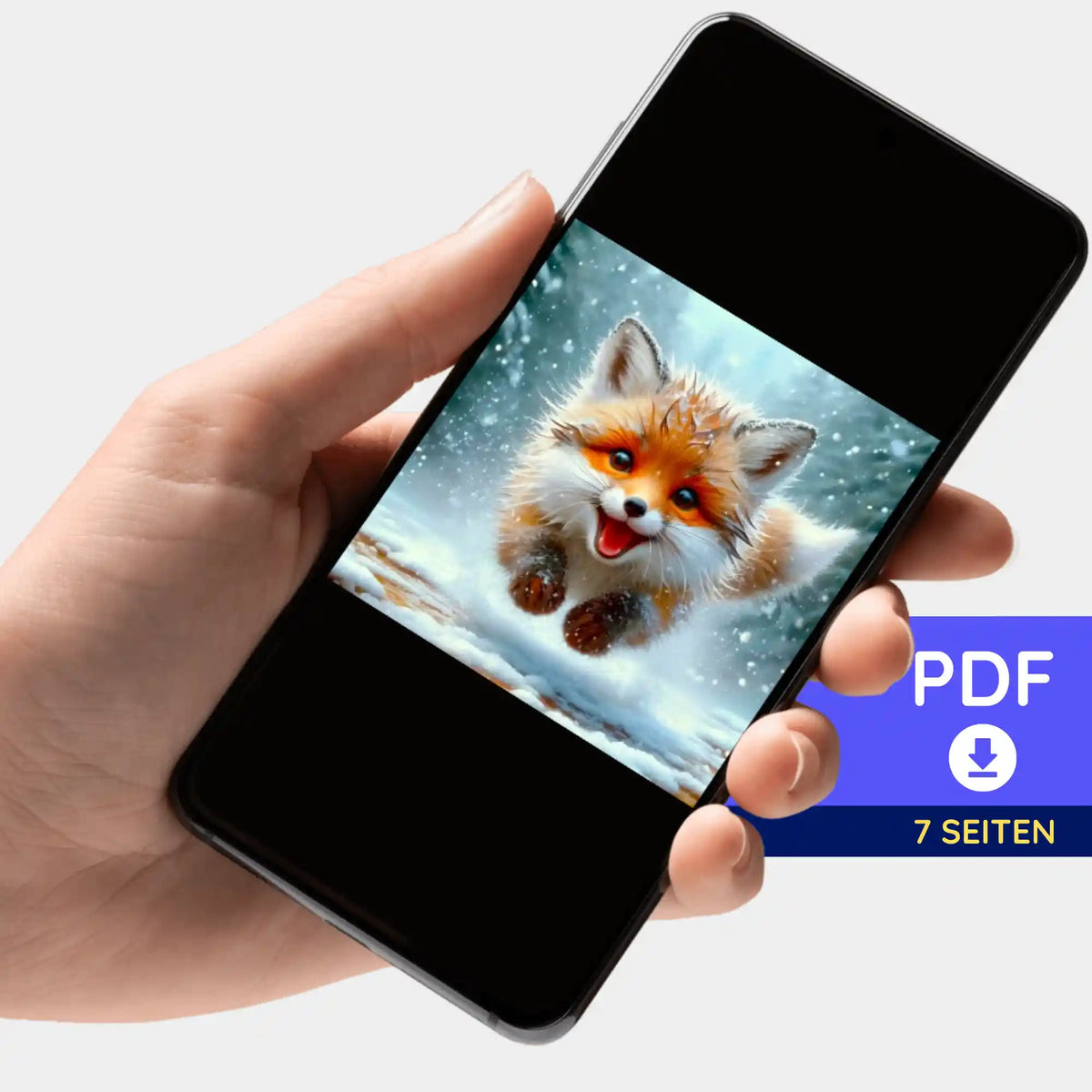 Smartphone mit digitaler Bildmappe vom Fuchs im Winterwald für Diamond Painting Sets und Malen nach Zahlen