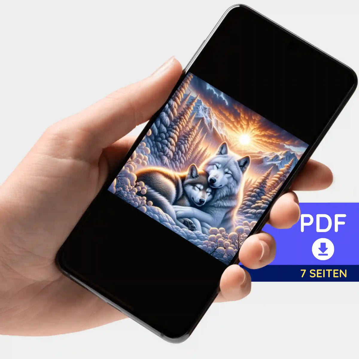 Digitale PDF-Bildmappe mit Wolf-Motiv für Diamond Painting, präsentiert als mobiler Download auf einem Smartphone.