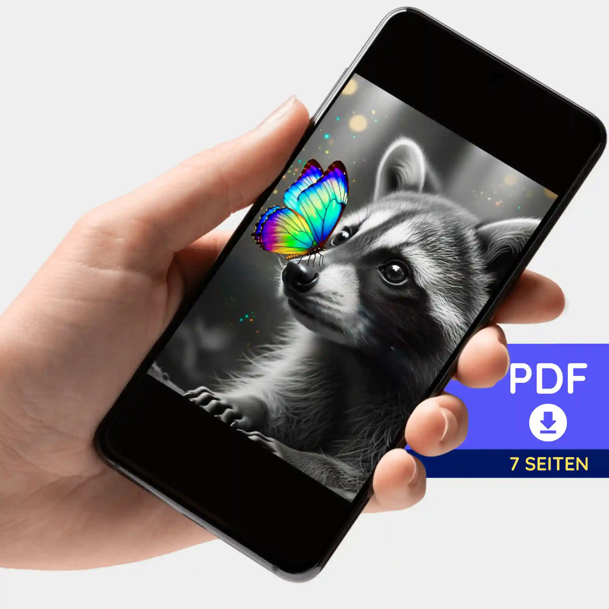 Digitale PDF-Bildmappe für Diamond Painting auf Smartphone, Motiv Waschbär mit buntem Schmetterling als DIY-Vorlage