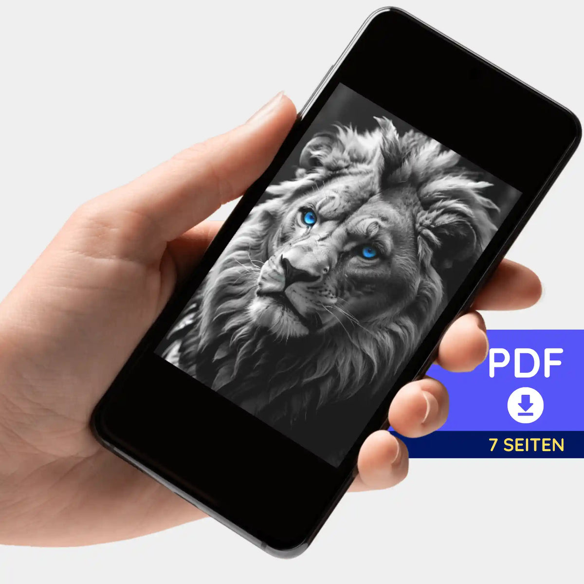 Digitale Picmondoo Bildmappe als PDF für Diamond Painting mit Löwen-Motiv auf dem Smartphone