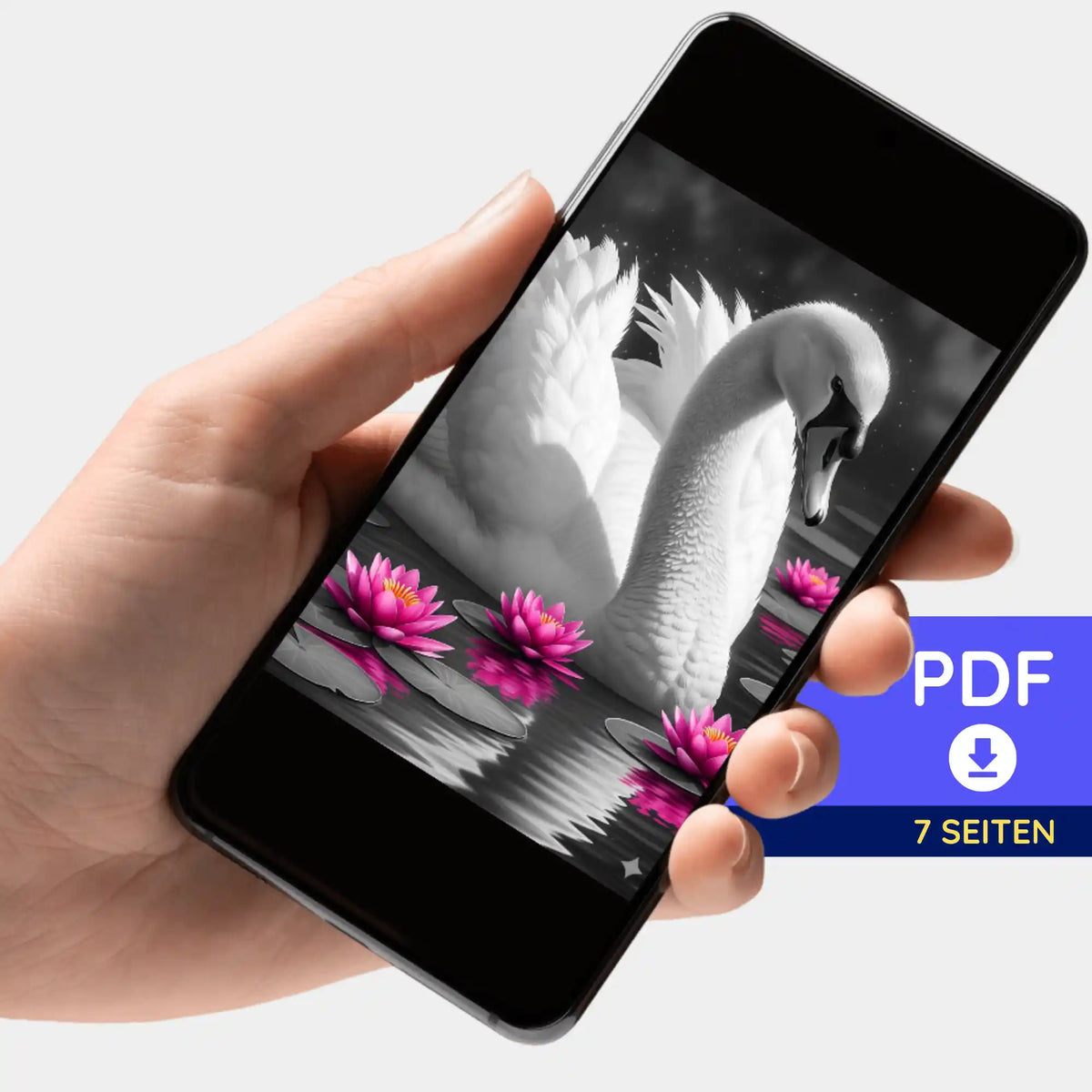 Digitale PDF Bildmappe für Diamond Painting oder Malen nach Zahlen mit Schwan im Seerosensee Motiv auf Smartphone