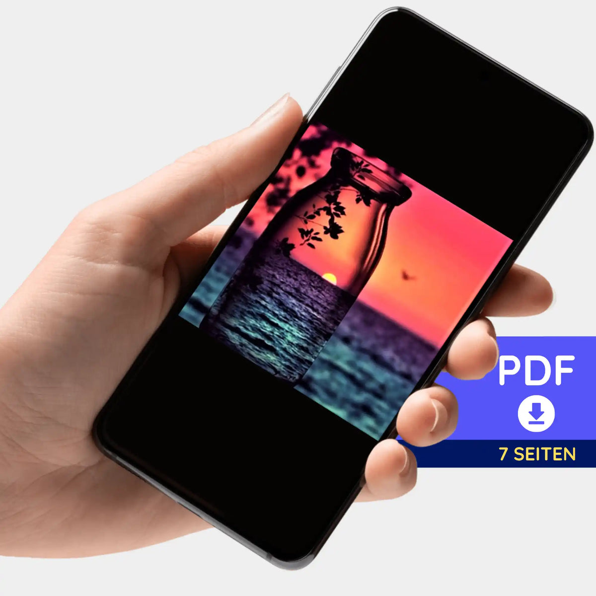 Digitale Picmondoo Bildmappe als PDF für Diamond Painting mit rotem Sonnenuntergang Motiv auf dem Smartphone angezeigt
