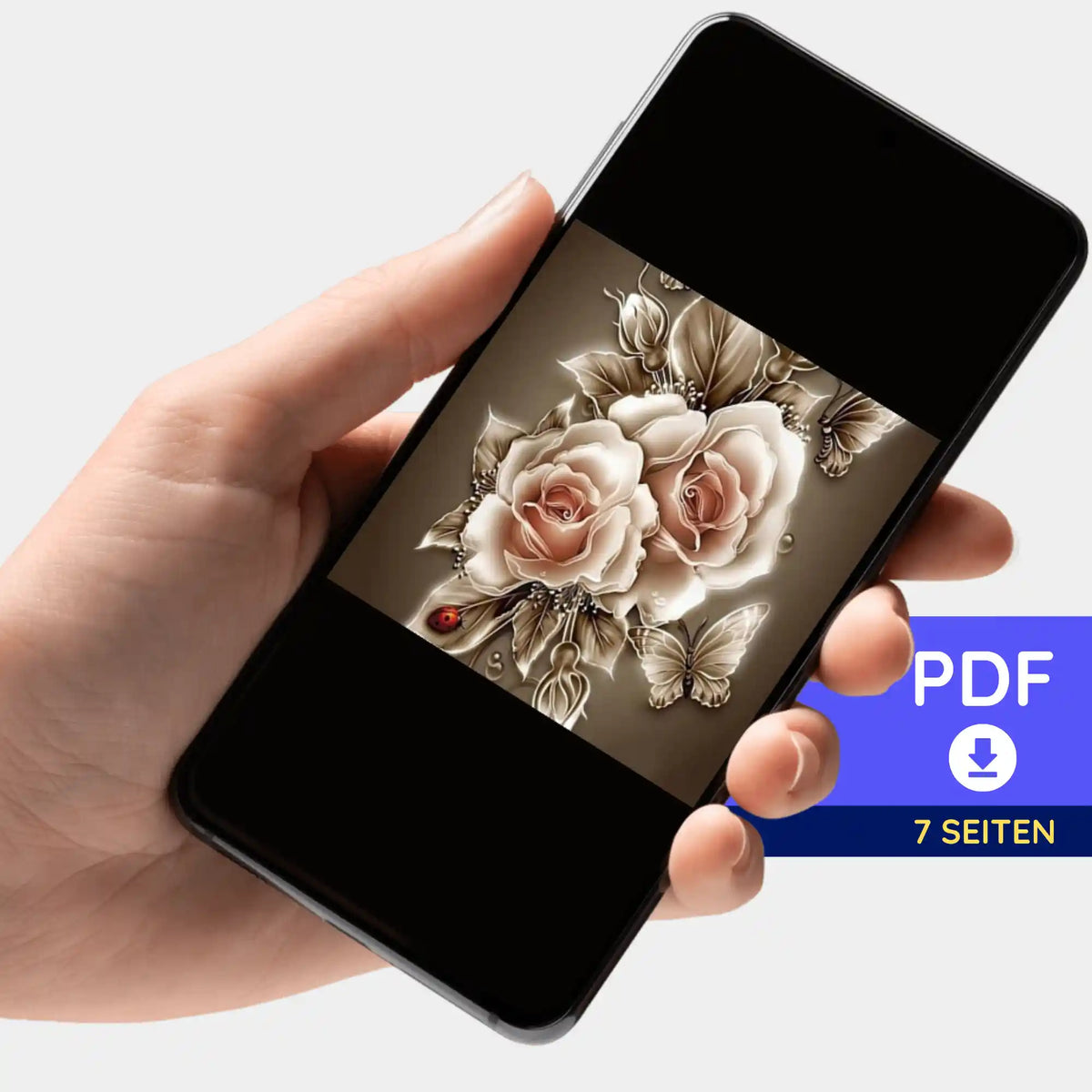 Digitale Malen nach Zahlen und Diamond Painting Vorlage als PDF mit Motiv goldene Rosen auf Smartphone