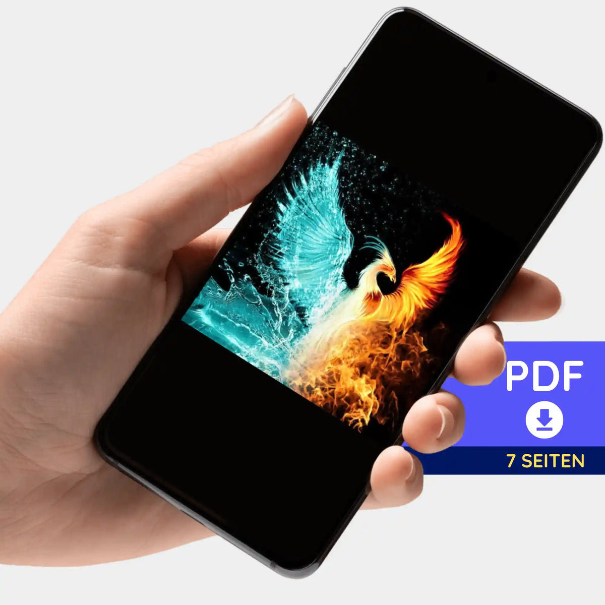 Digitale PDF-Bildmappe zum Diamond Painting Phönix der Elemente auf einem Smartphone zur kreativen Gestaltung